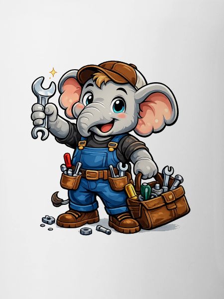 Elephant mechanic in blue overalls