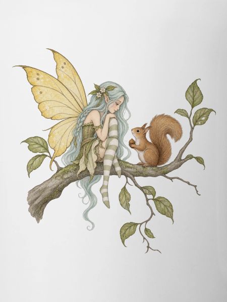Feen auf Ast mit Eichhörnchen