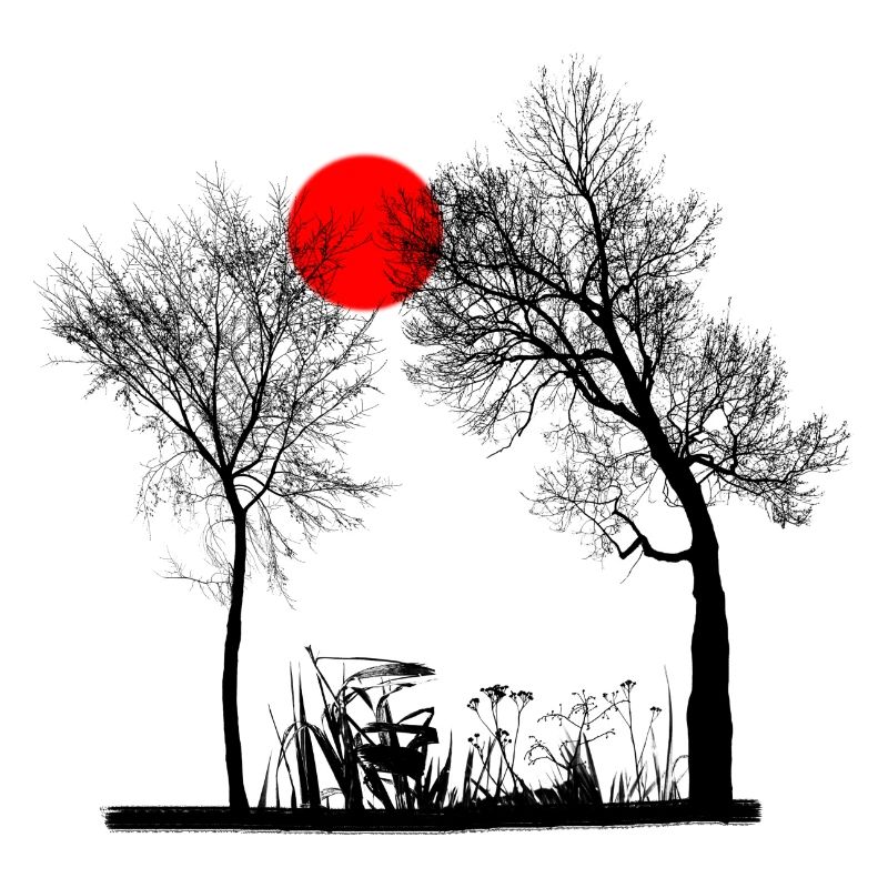 Rote Sonne mit Bäumen