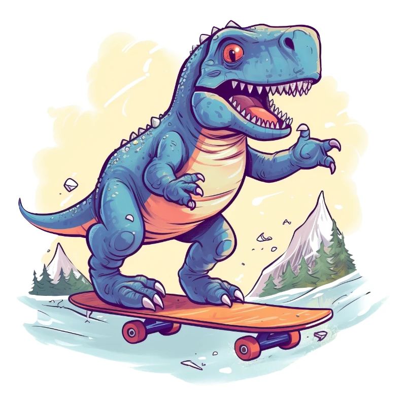 Dino T-Rex on Skateboard - Mountains and Valley