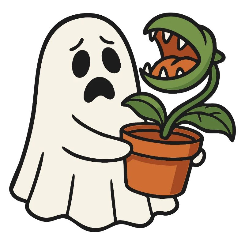 Cute ghost with carnivorous plant