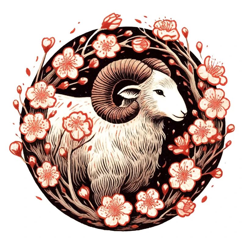Crimson Ram Amid Blossoms
