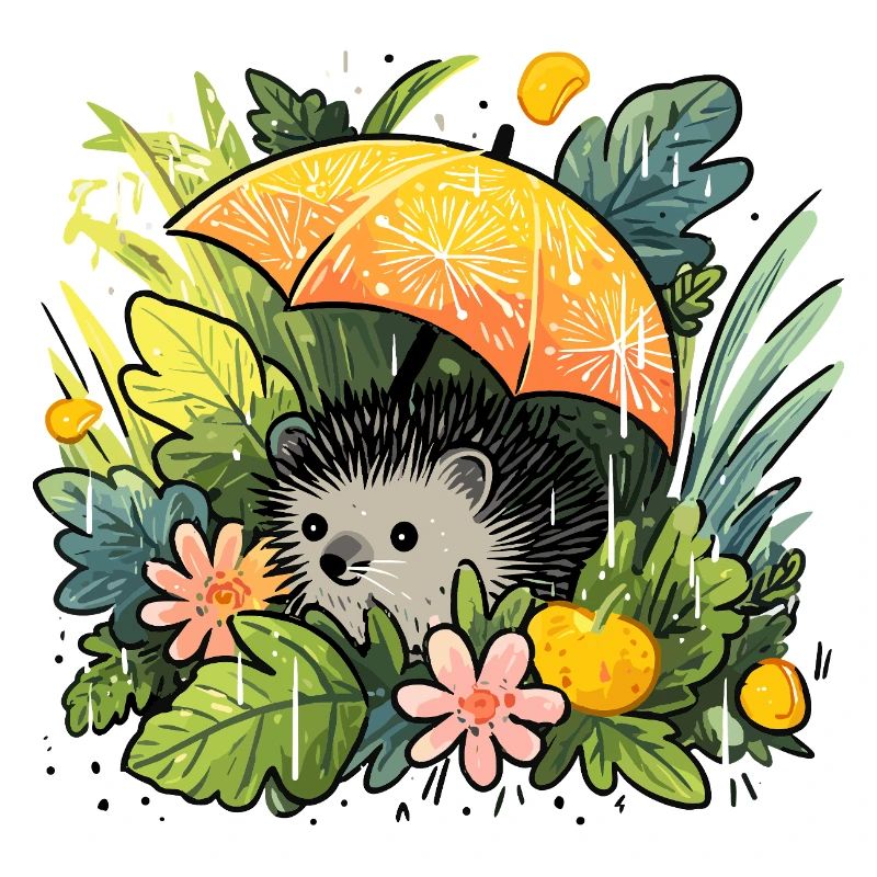 Hérisson avec un parapluie orange dans la jungle