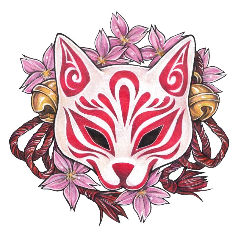 Masque de Kabuki Great Kitsune Inari avec des fleurs de cerisier