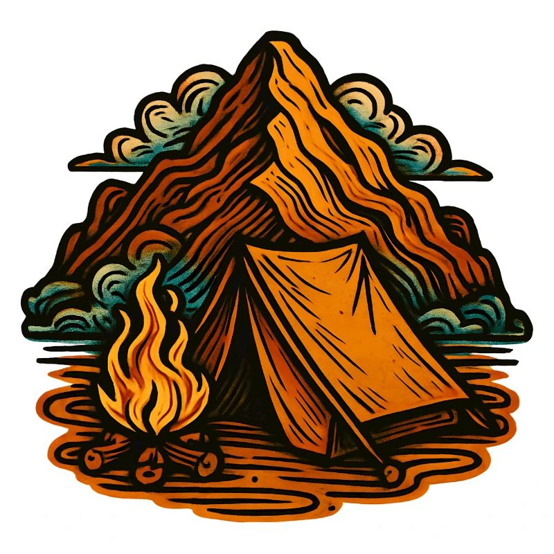 Fire, tent and mountain landscape