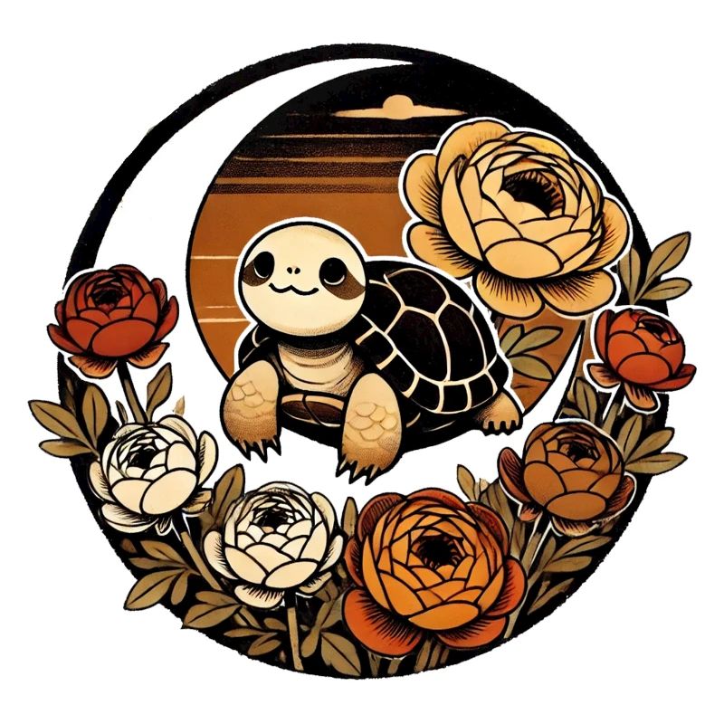 Sunset Turtle Among Peony Bloom