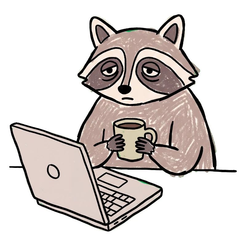 Müder Waschbär Kaffee & Laptop