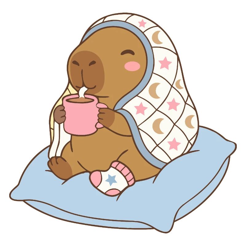 Cozy Night Capybara on a pillow sipping cocoa 