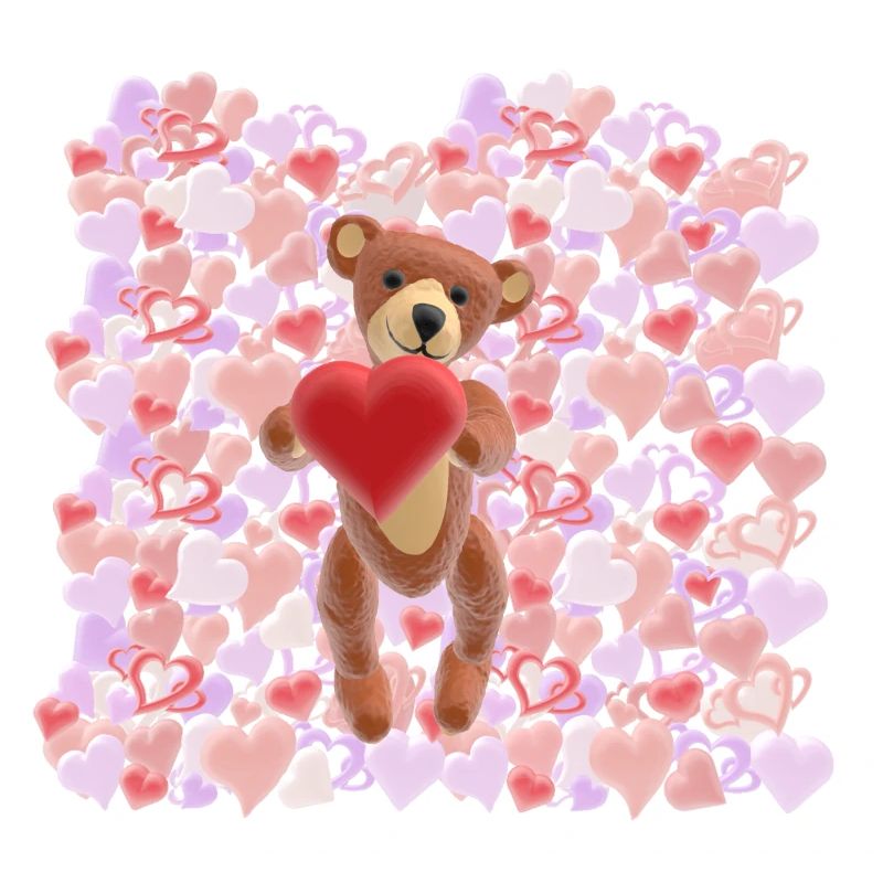 Peluche de la Saint-Valentin avec une mer de cœurs - 3D