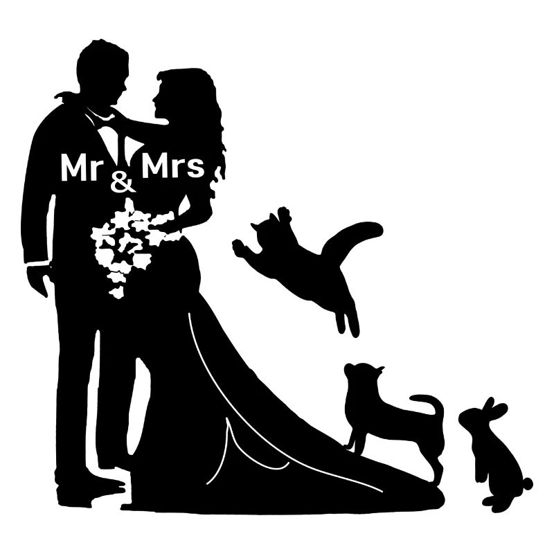 Jeunes mariés avec chien, chat et lapin se marient