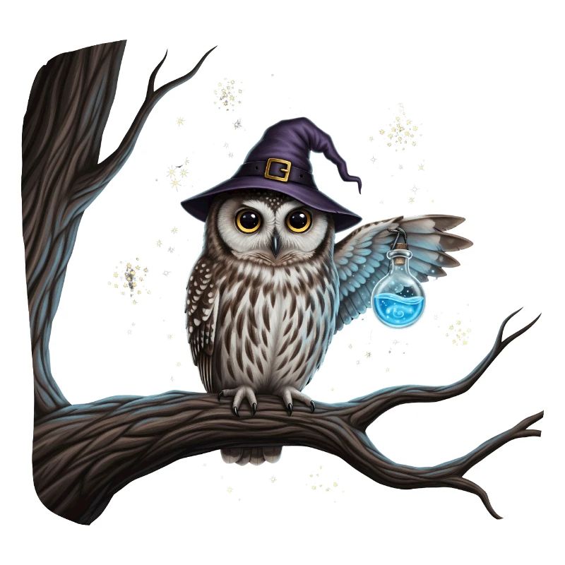 Magic owl with witch hat and magic bottle