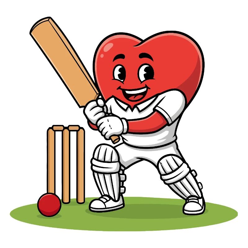 Cricket Herz Maskottchen mit Schläger und Ball