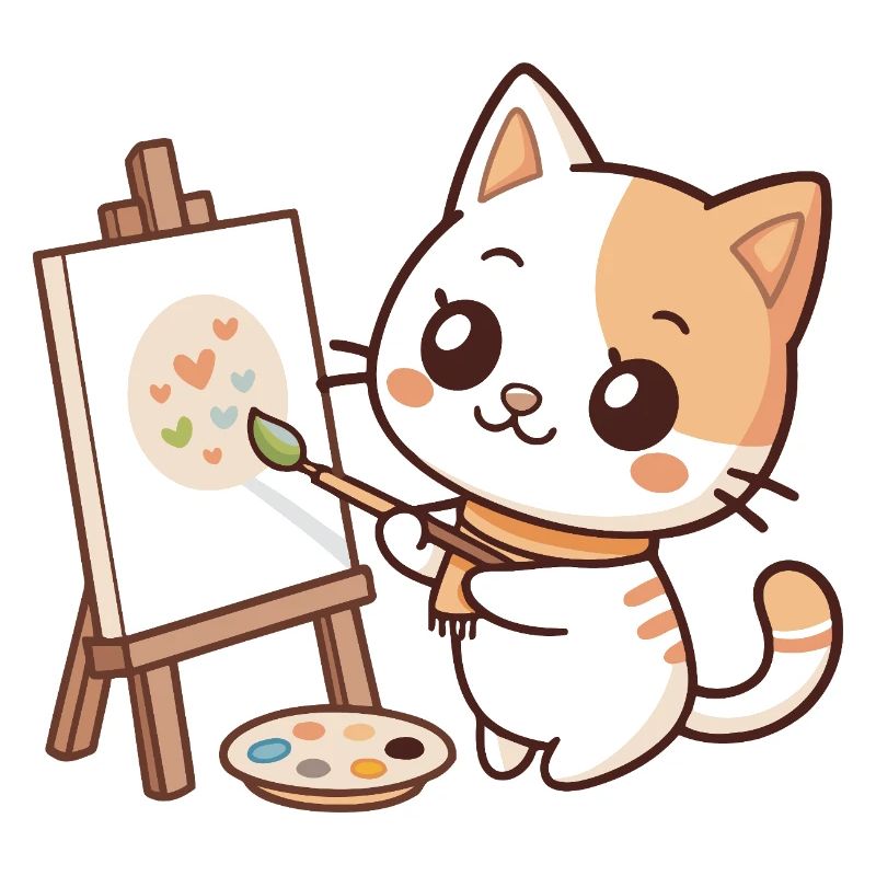 Kawaii Painter Cat on Pastel Palette