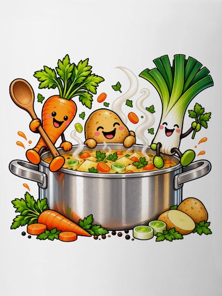 Fröhliche Gemüsefreunde kochen Suppe 