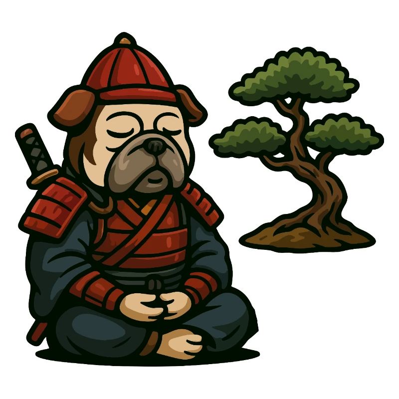 Bulldog Samurai Meditating with Bonsai Tree