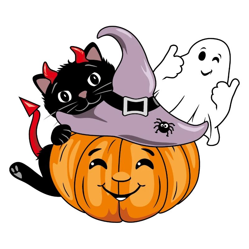 Smiling pumpkin with black cat and winking ghost