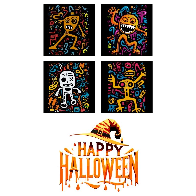 Night’s Dance : Figurines d’Halloween dans le style Pop Art.