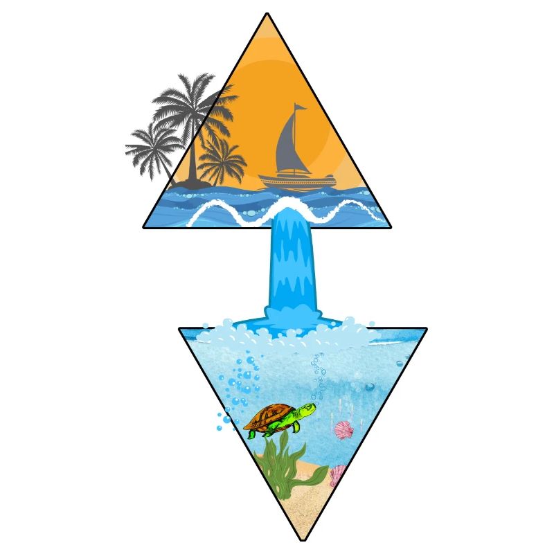 Summer motif with waterfall and palm tree in triangles