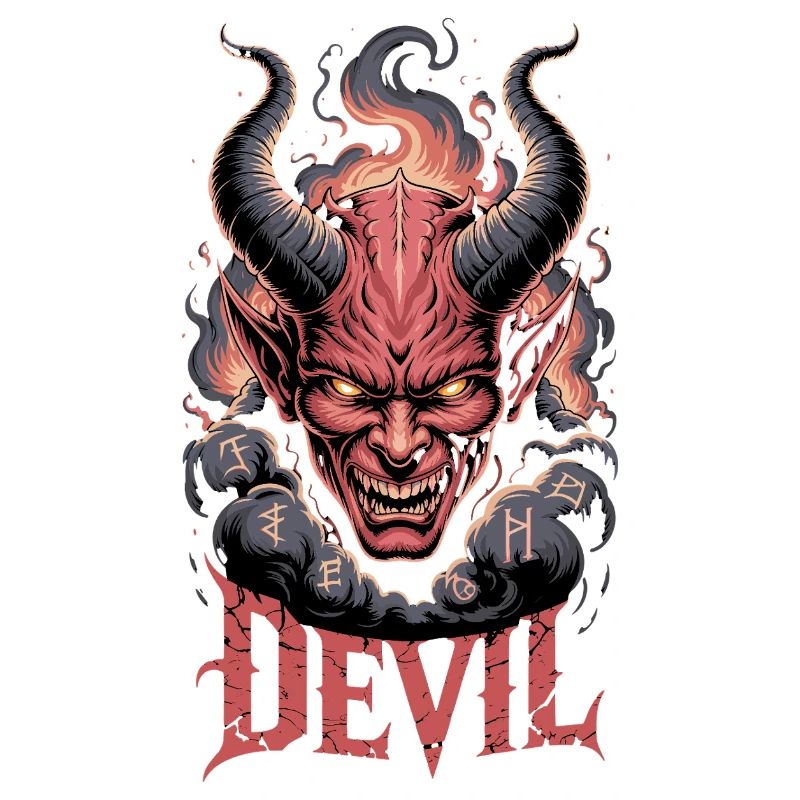 Devil Demonic Head with Horns Flames Runes