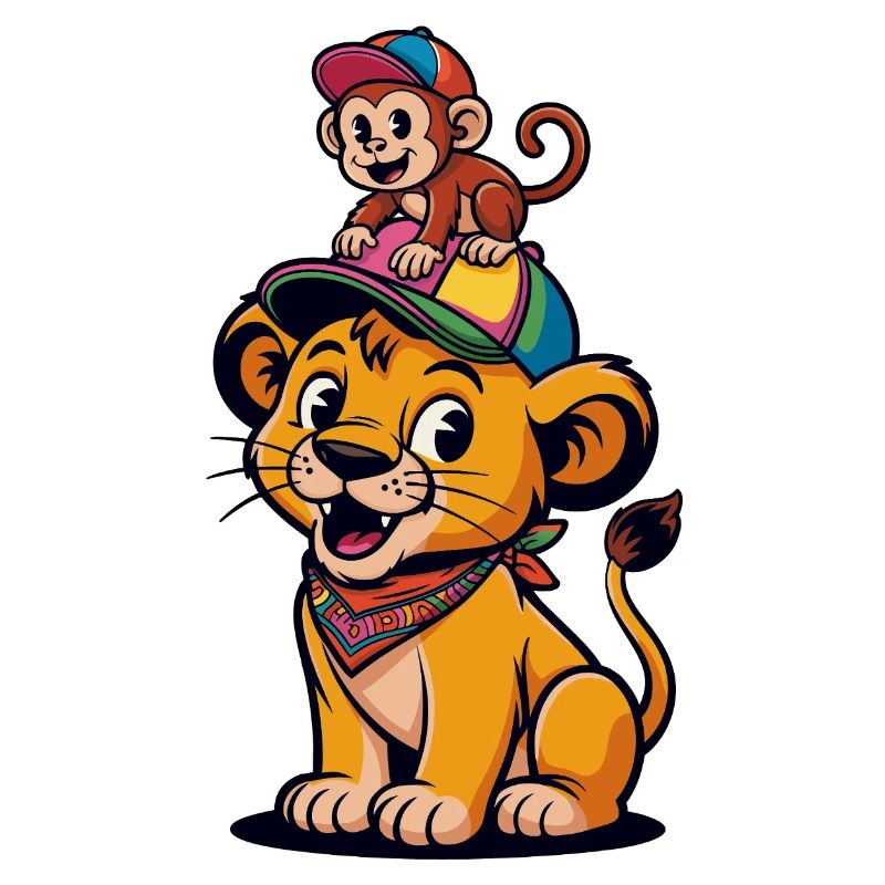 Süßer Löwe und Affe – Beste Freunde Cartoon Stil