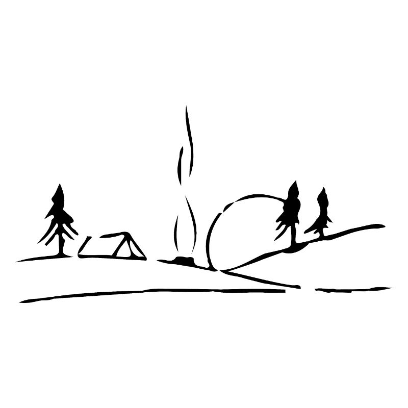 Hill, tent, campfire, forest & sun