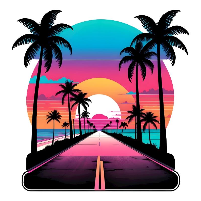 Vaporwave beach road driving during sunset.