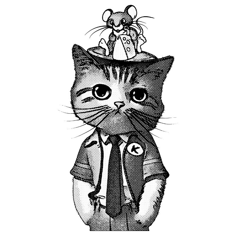 Auf dem Kopf einer Katze sitzt eine junge Maus.