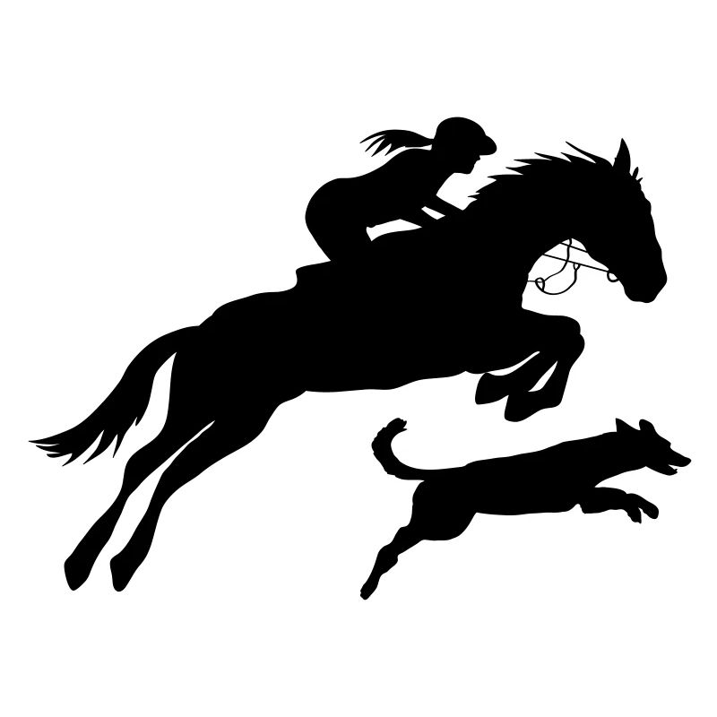 Cheval avec cavalière et chien