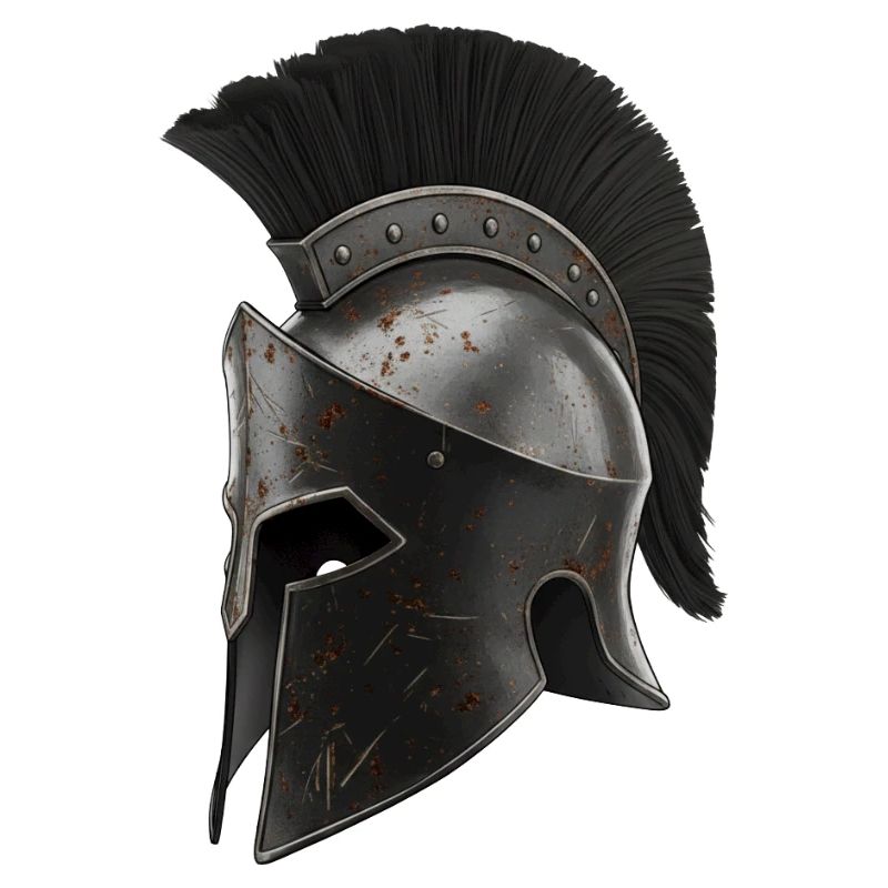 Rostiger Kriegerhelm mit schwarzer Feder