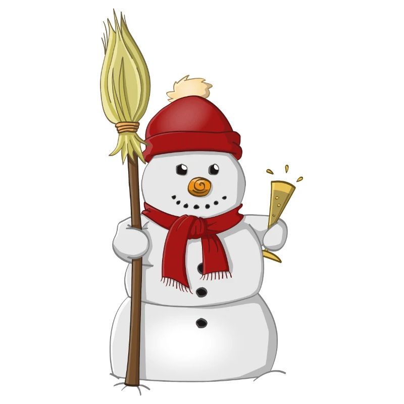 Cheerful snowman with red hat and broomstick