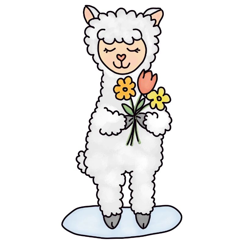 Alpaka mit Blumenstrauß