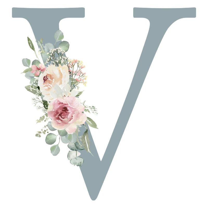 V| Monogramm | Eukalyptus-Pastell-Blumen-Blau