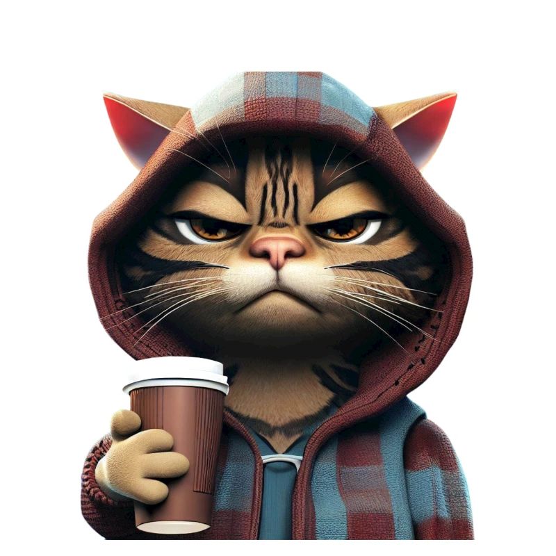 Guten Morgen Spruch mit genervter Katze mit Kaffee