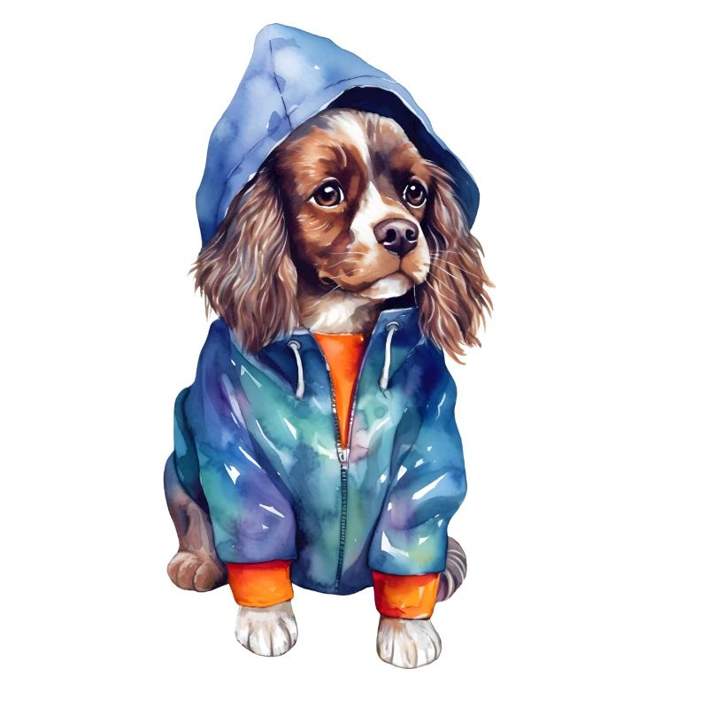 Funny spaniel in dog clothes.