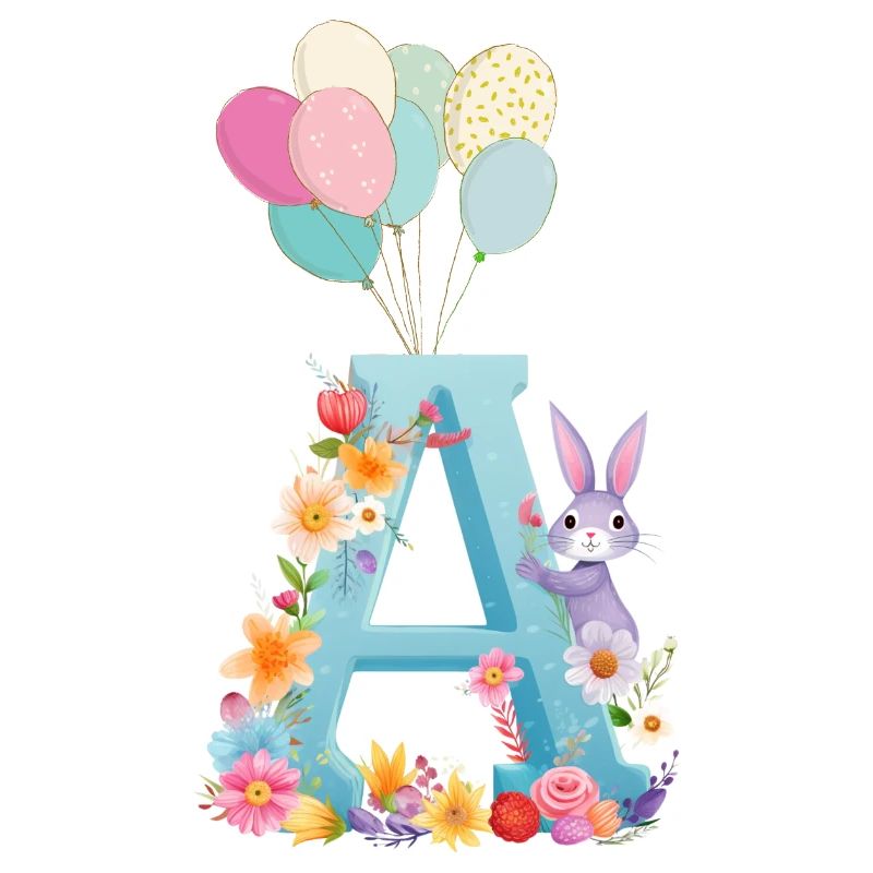 Letter A, Monogram, Flowers, Bunny