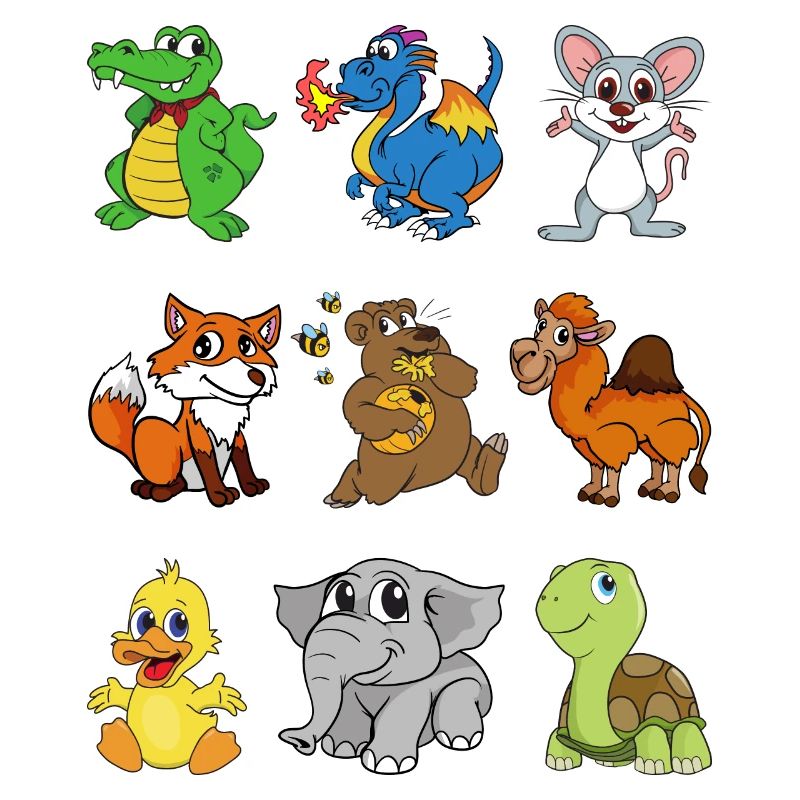 Krokodil Drache Maus Kamel Fuchs Bär Ente Elefant