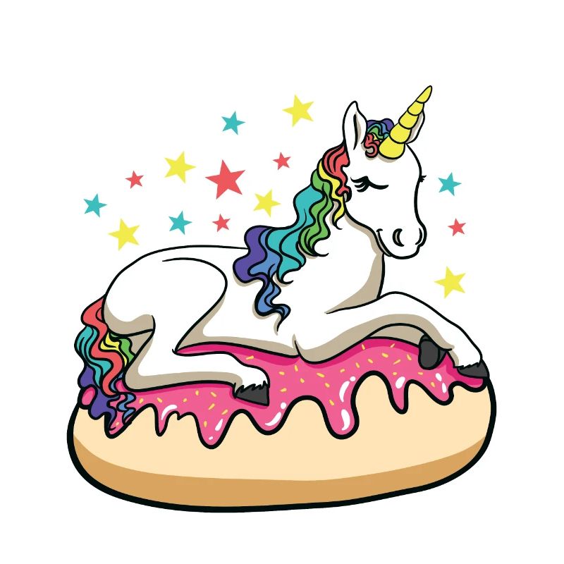 Süßes buntes Sterne Einhorn sitzt auf einem Donut