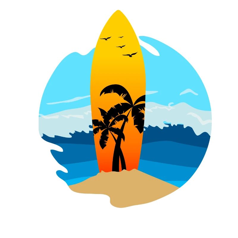 Une planche de surf avec des palmiers coincés dans le sable