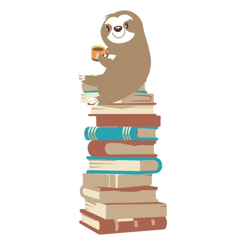 Sloth with coffee on books