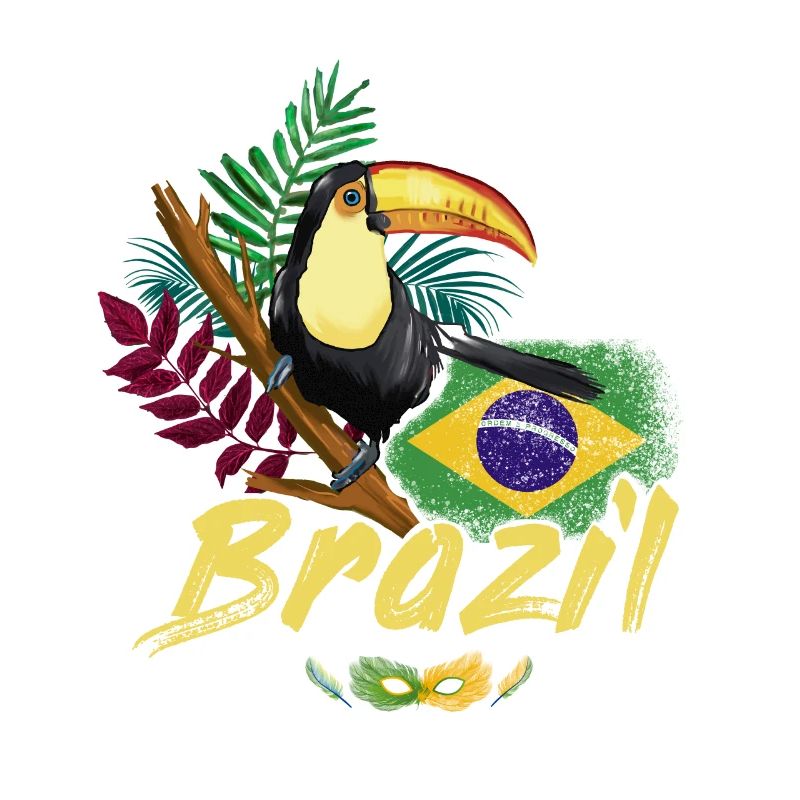 Toucan vintage du Brésil avec drapeau et masque de samba