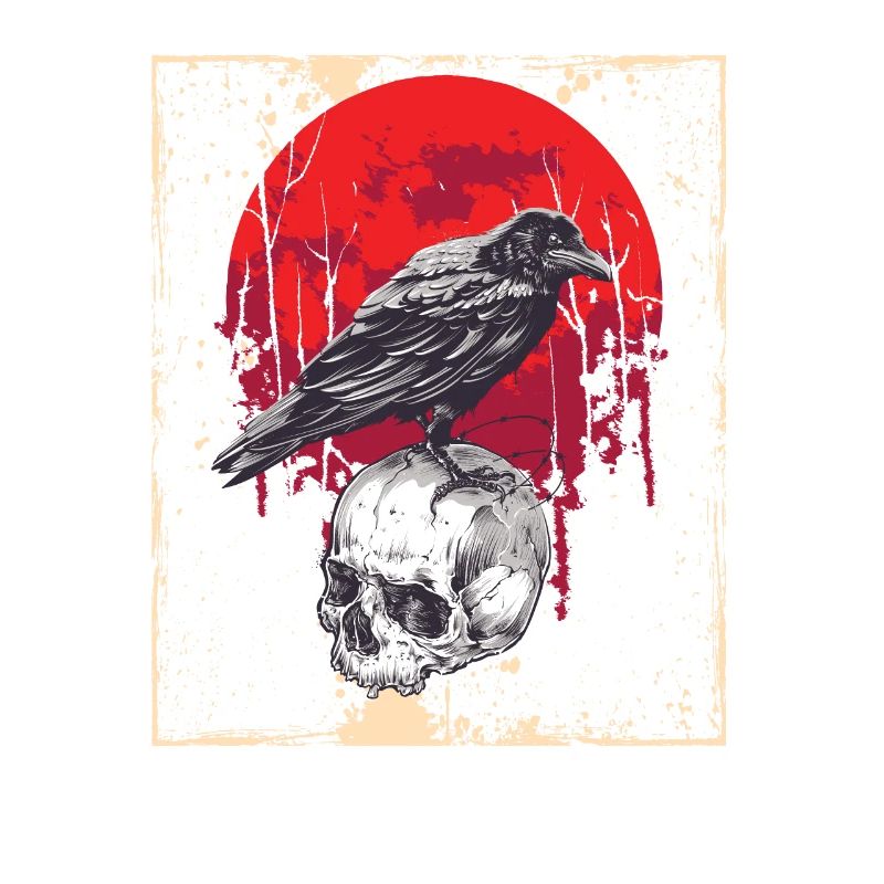 Gothic Skull-Red Moon-Black Crow