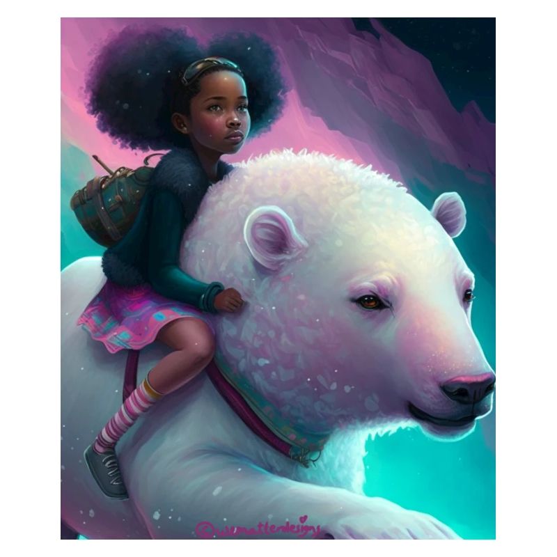 Schwarzes Mädchen reitet auf Eisbär