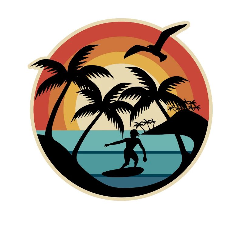 70's 80's surfers under palm trees sunset