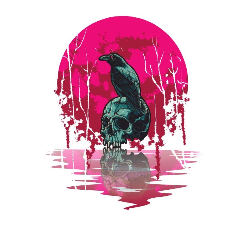 Gothic Skull Red Moon Black Crow