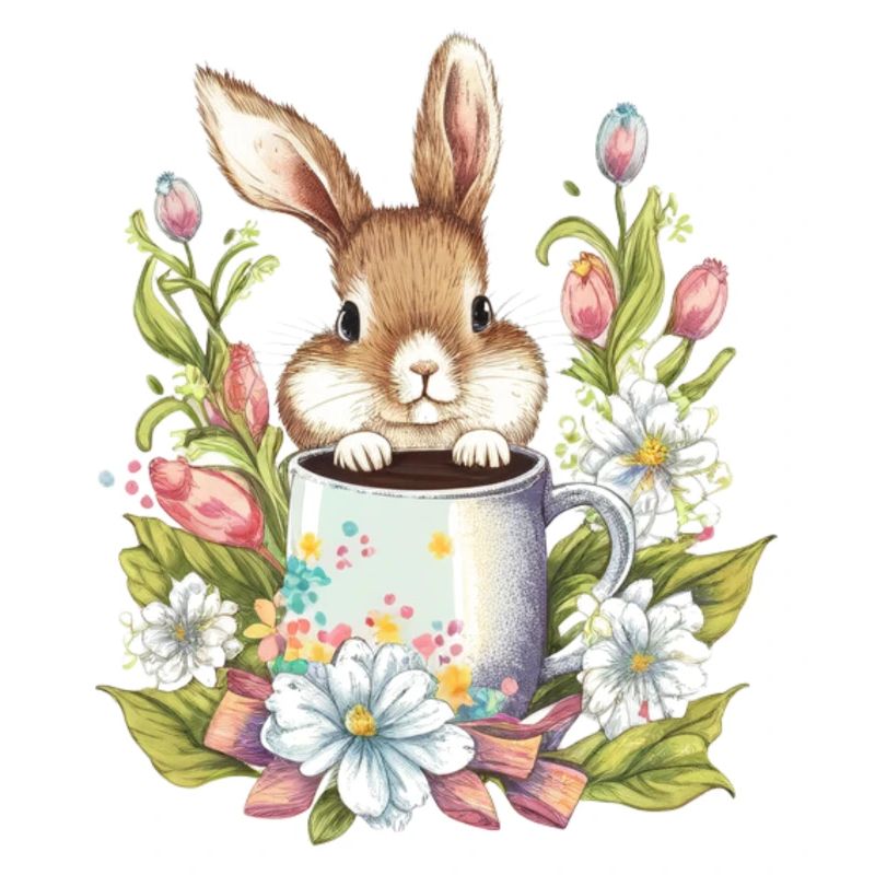 Easter Bunny with flowers and coffee mug Easter Shirts