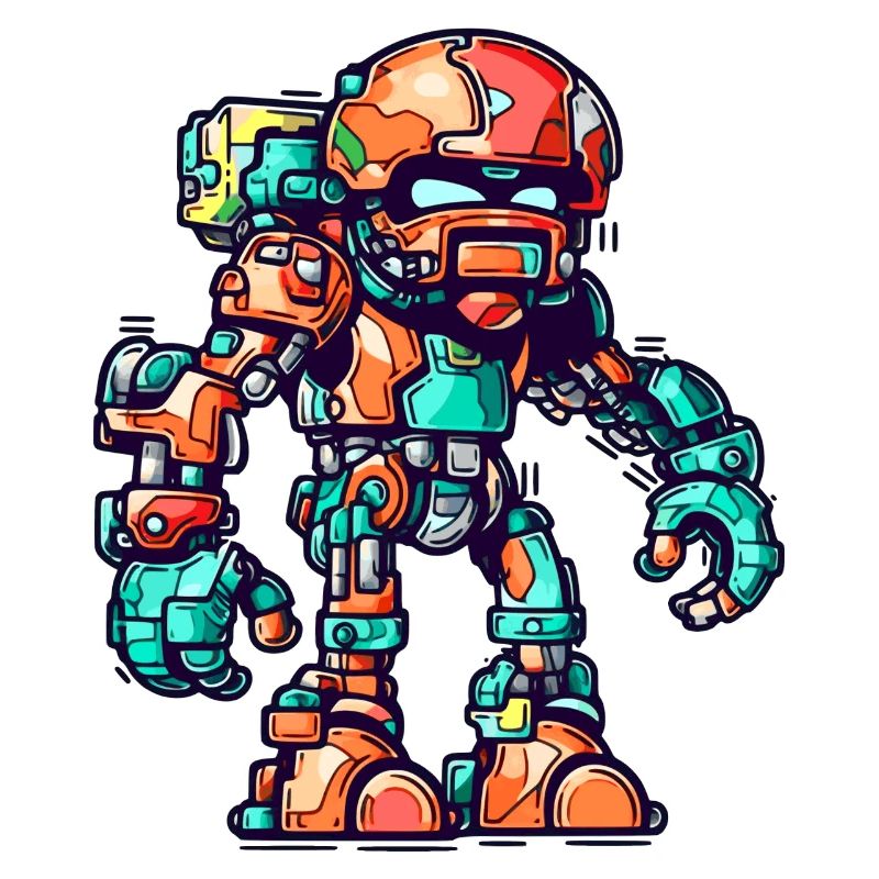 Roboter Comic mit bunter Rüstung und Helm
