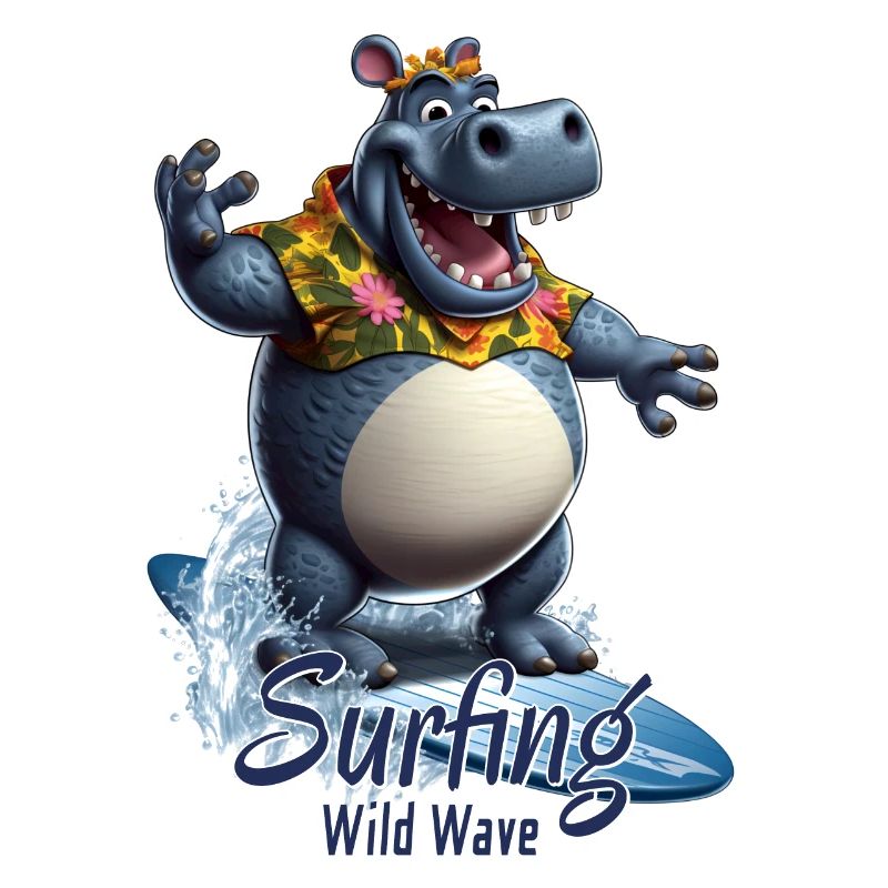 Hippopotame cool avec une planche de surf - surfeur