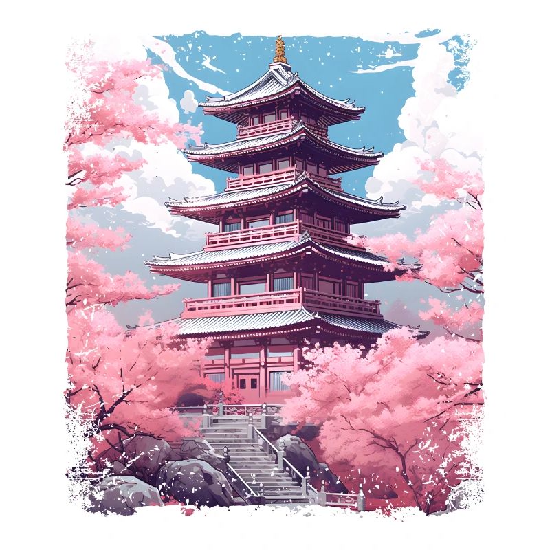 Cherry Blossom Sakura Tree in a Temple Vaporwave