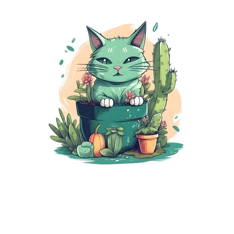 Chat vert en pot de fleurs avec cactus et citrouille