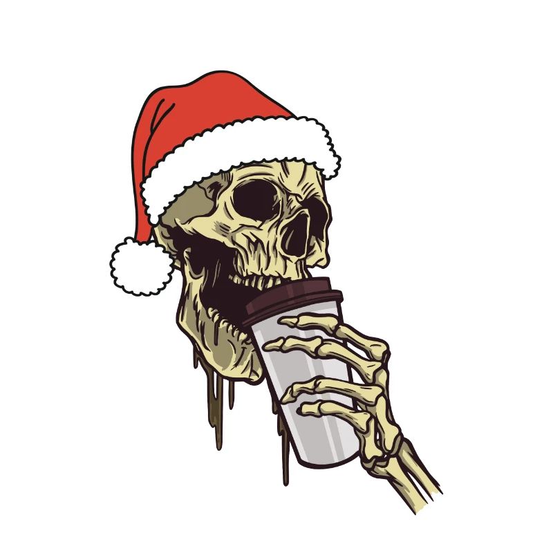 Skeleton Santa Claus Hat Coffee Drinking Funny